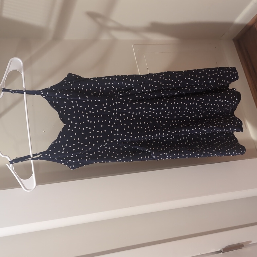 Blue and white polka dotted dress